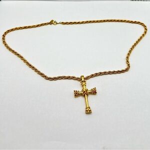 Vintage Gold Tone Rope Chain Cross Pendant Necklace Statement